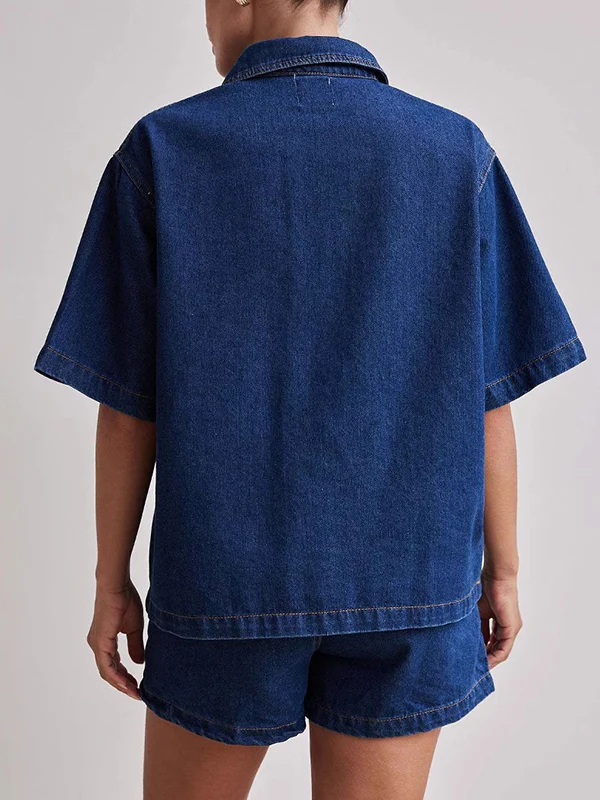 Loose Short Sleeves Split-Joint Lapel Blouses&Shirts Tops - Image 5