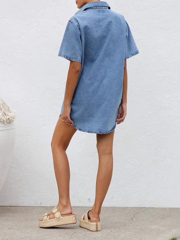 Loose Short Sleeves Split-Joint Lapel Mini Dresses Shirt Dress - Image 10