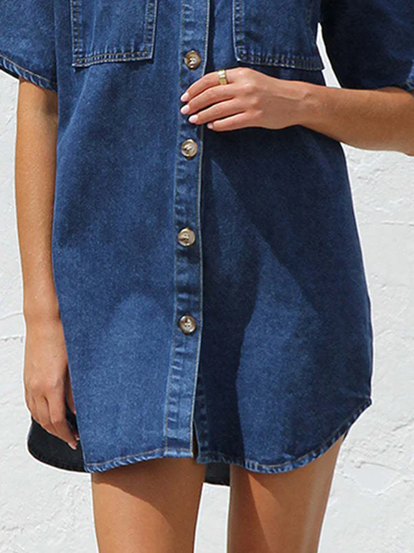 Loose Short Sleeves Split-Joint Lapel Mini Dresses Shirt Dress - Image 12