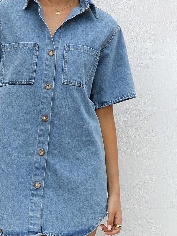 Loose Short Sleeves Split-Joint Lapel Mini Dresses Shirt Dress - Image 13