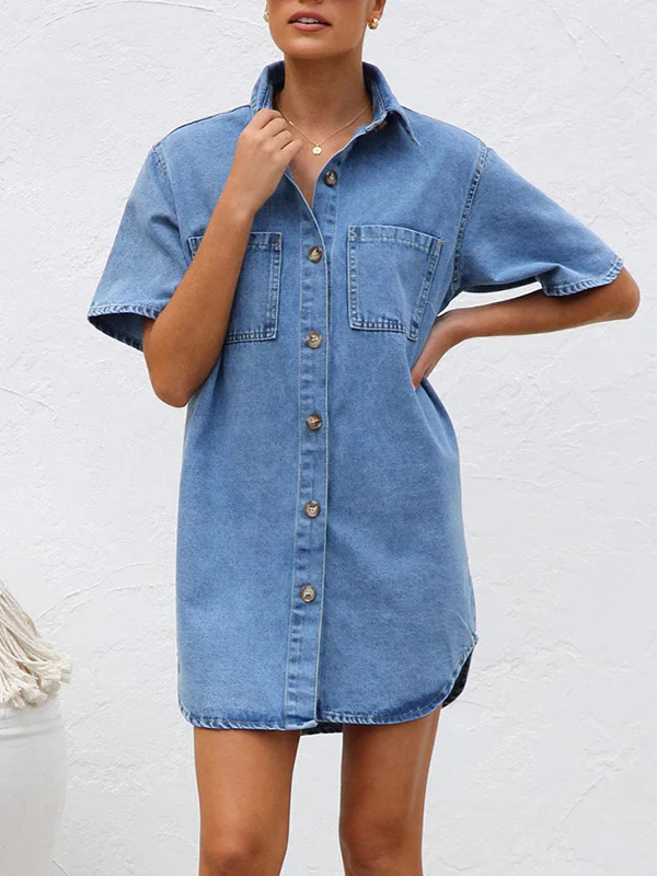 Loose Short Sleeves Split-Joint Lapel Mini Dresses Shirt Dress - Image 2