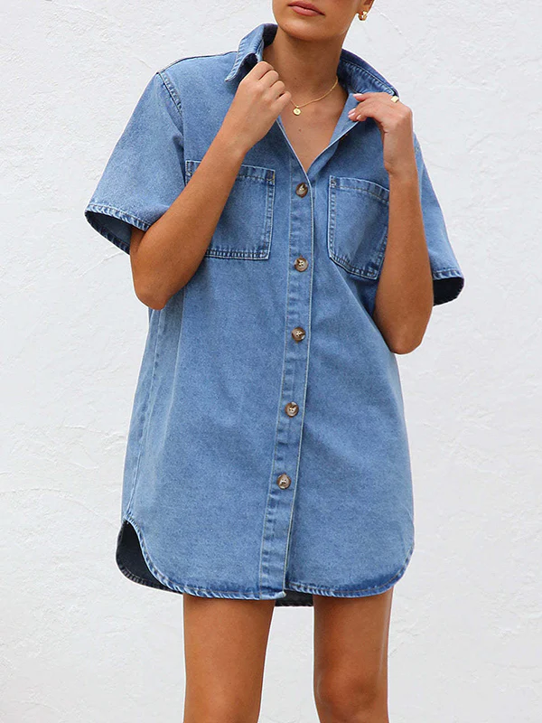 Loose Short Sleeves Split-Joint Lapel Mini Dresses Shirt Dress - Image 3