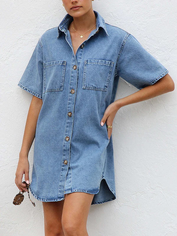 Loose Short Sleeves Split-Joint Lapel Mini Dresses Shirt Dress - Image 4