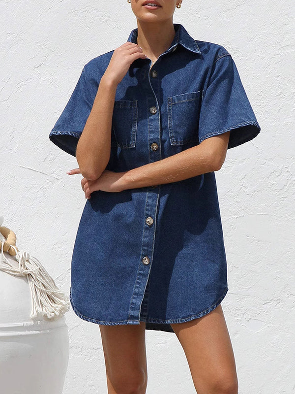 Loose Short Sleeves Split-Joint Lapel Mini Dresses Shirt Dress - Image 5