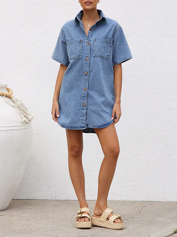 Loose Short Sleeves Split-Joint Lapel Mini Dresses Shirt Dress - Image 8