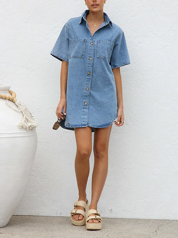 Loose Short Sleeves Split-Joint Lapel Mini Dresses Shirt Dress - Image 9