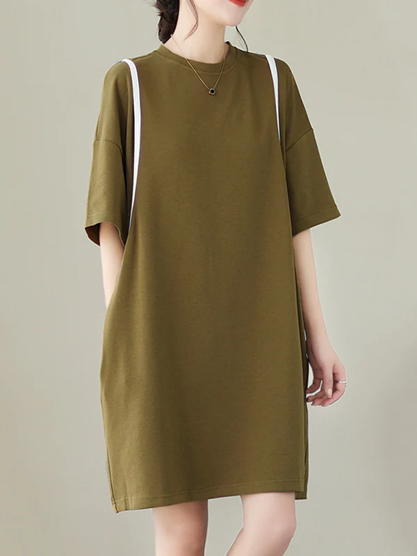 Loose Short Sleeves Split-Joint Round-Neck Mini Dresses - Image 2