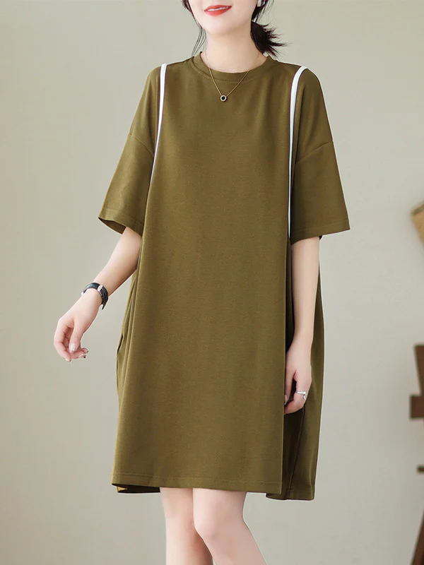Loose Short Sleeves Split-Joint Round-Neck Mini Dresses - Image 4