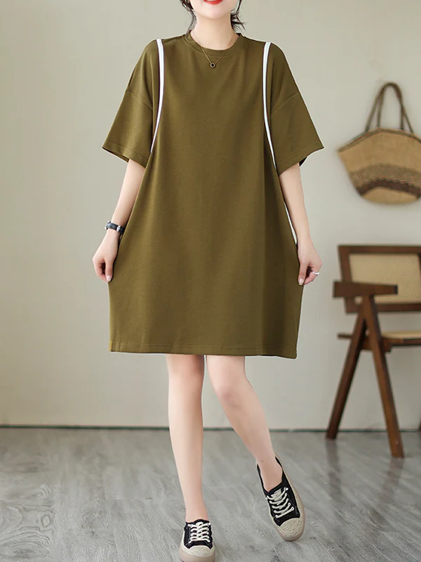 Loose Short Sleeves Split-Joint Round-Neck Mini Dresses - Image 5