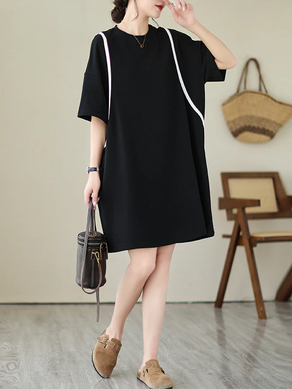 Loose Short Sleeves Split-Joint Round-Neck Mini Dresses - Image 7