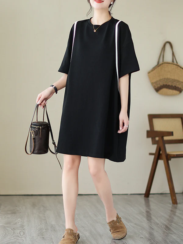 Loose Short Sleeves Split-Joint Round-Neck Mini Dresses - Image 8