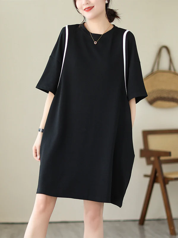 Loose Short Sleeves Split-Joint Round-Neck Mini Dresses - Image 9