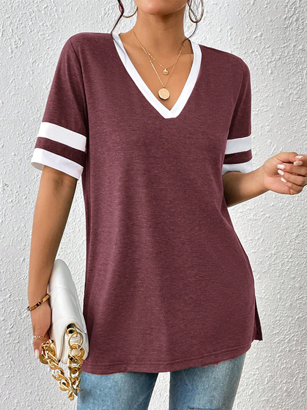 Loose Short Sleeves Split-Joint Split-Side Striped V-Neck T-Shirts Tops - Image 2