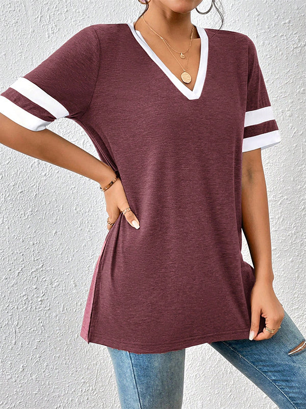 Loose Short Sleeves Split-Joint Split-Side Striped V-Neck T-Shirts Tops - Image 3