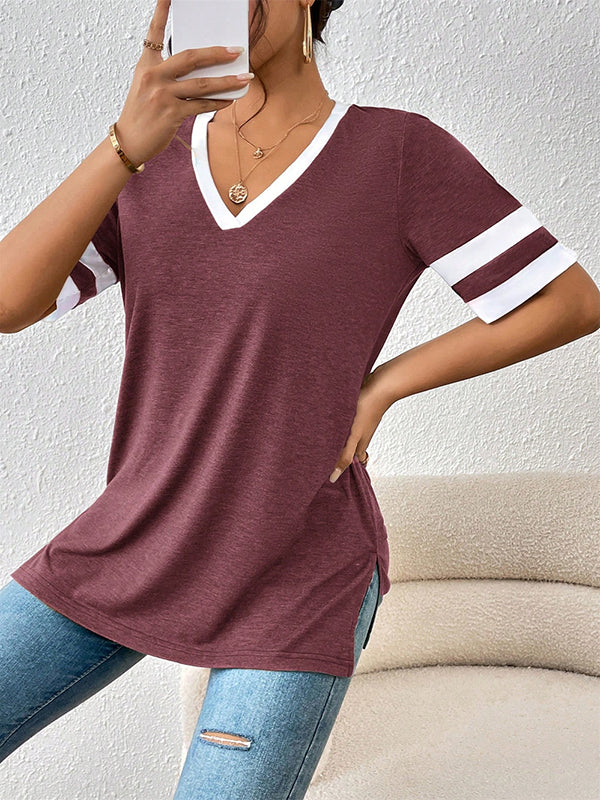 Loose Short Sleeves Split-Joint Split-Side Striped V-Neck T-Shirts Tops - Image 4