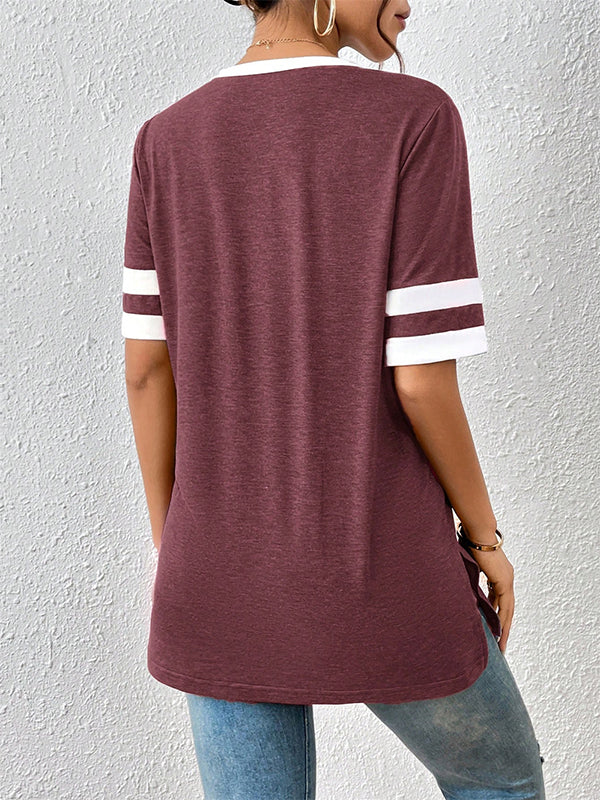 Loose Short Sleeves Split-Joint Split-Side Striped V-Neck T-Shirts Tops - Image 5