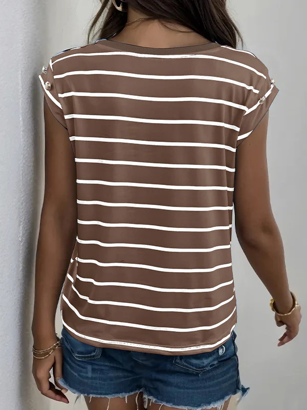 Loose Short Sleeves Split-Joint Striped Round-Neck T-Shirts - Image 11