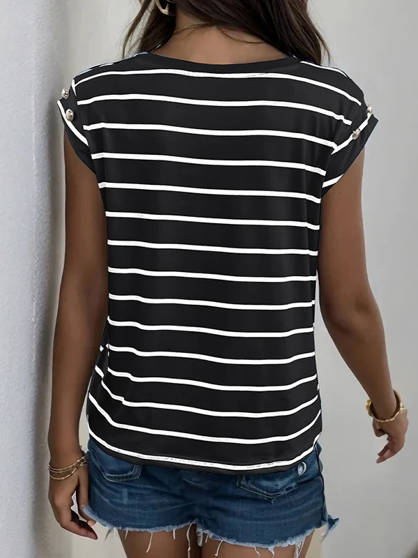 Loose Short Sleeves Split-Joint Striped Round-Neck T-Shirts - Image 12