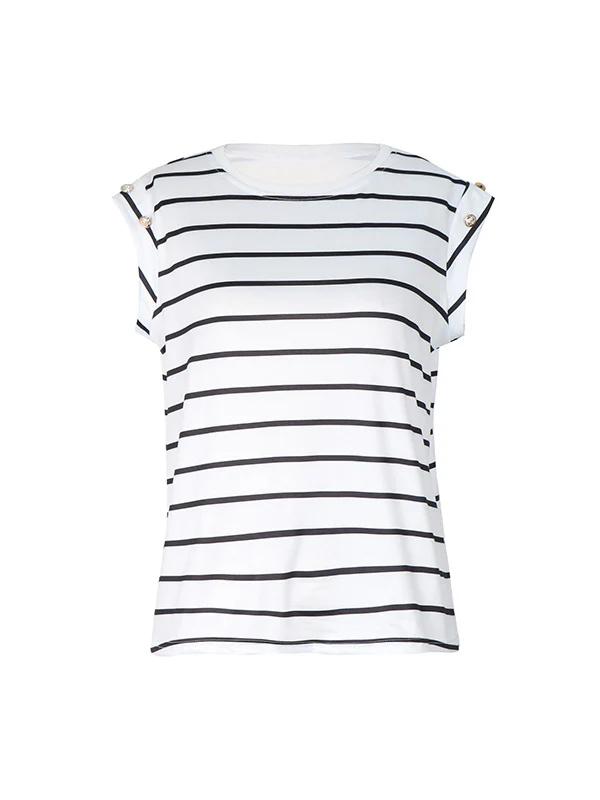 Loose Short Sleeves Split-Joint Striped Round-Neck T-Shirts - Image 13