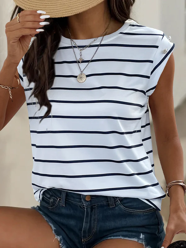 Loose Short Sleeves Split-Joint Striped Round-Neck T-Shirts - Image 2