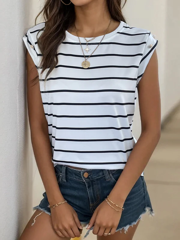 Loose Short Sleeves Split-Joint Striped Round-Neck T-Shirts - Image 3
