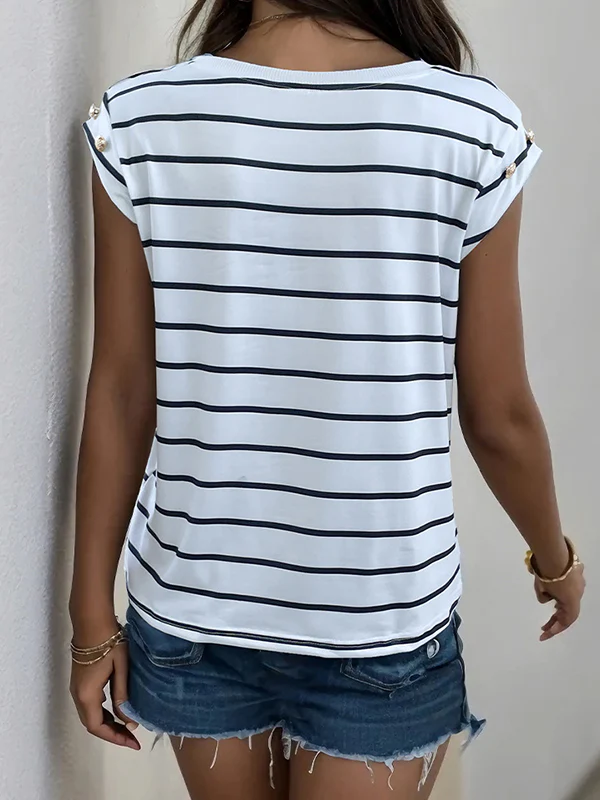 Loose Short Sleeves Split-Joint Striped Round-Neck T-Shirts - Image 5