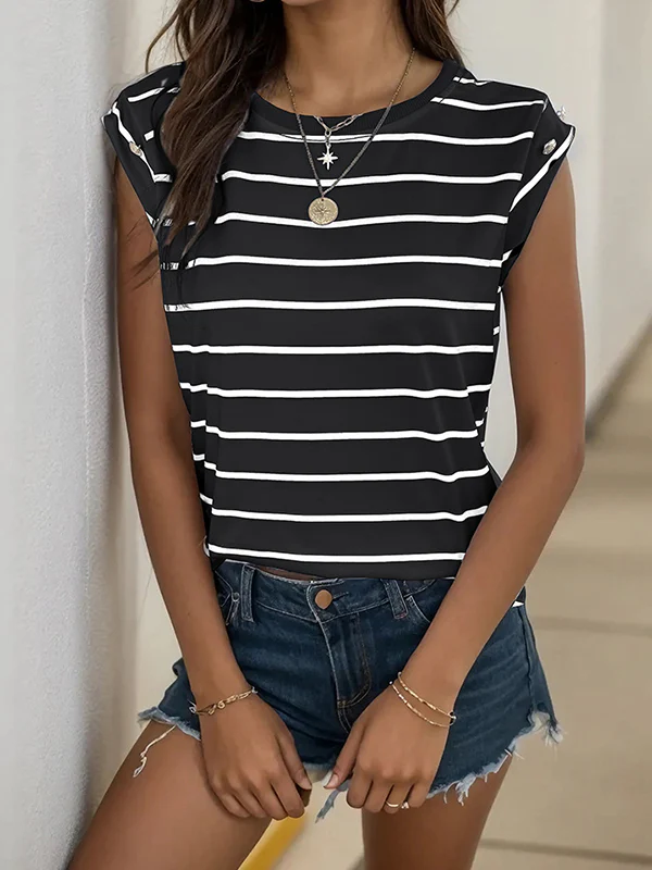 Loose Short Sleeves Split-Joint Striped Round-Neck T-Shirts - Image 8