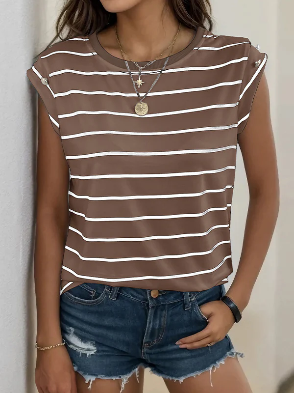 Loose Short Sleeves Split-Joint Striped Round-Neck T-Shirts - Image 9