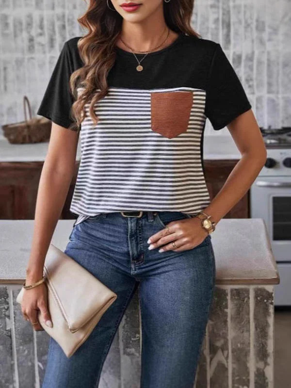 Loose Short Sleeves Split-Joint Striped Round-Neck T-Shirts Tops - Image 2