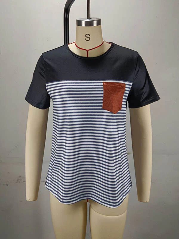 Loose Short Sleeves Split-Joint Striped Round-Neck T-Shirts Tops - Image 4