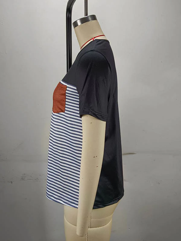 Loose Short Sleeves Split-Joint Striped Round-Neck T-Shirts Tops - Image 5