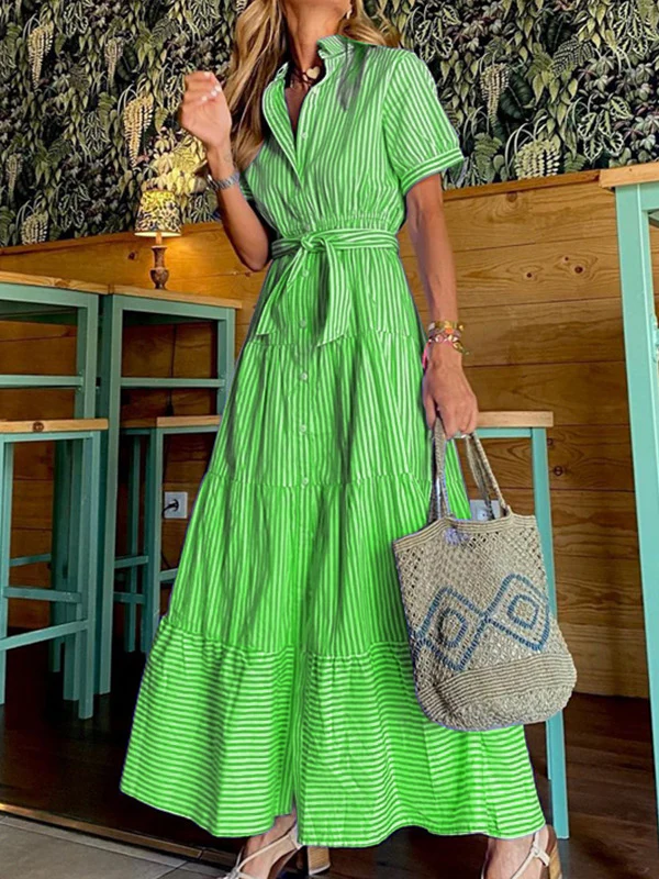 Loose Short Sleeves Striped Lapel Maxi Dresses - Image 2