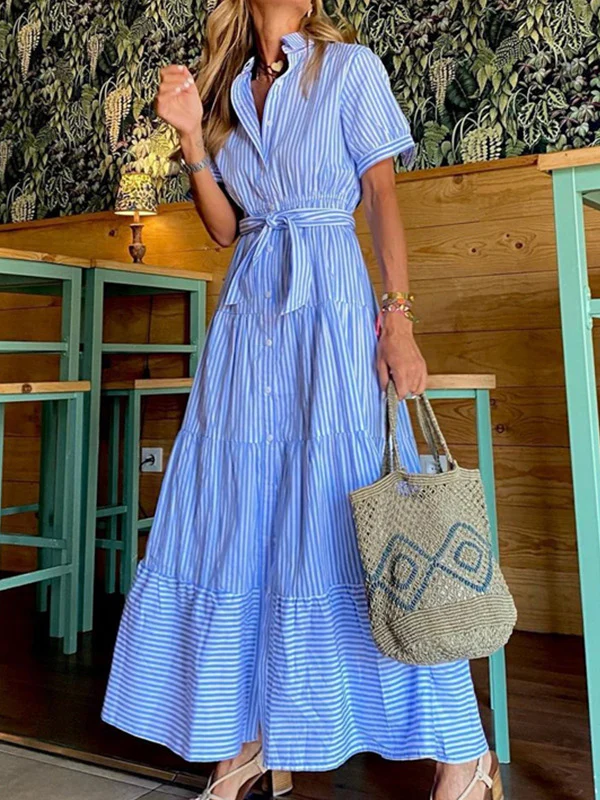 Loose Short Sleeves Striped Lapel Maxi Dresses - Image 3