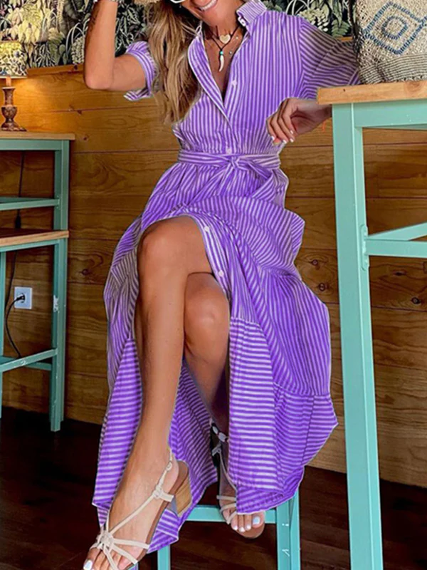 Loose Short Sleeves Striped Lapel Maxi Dresses - Image 4