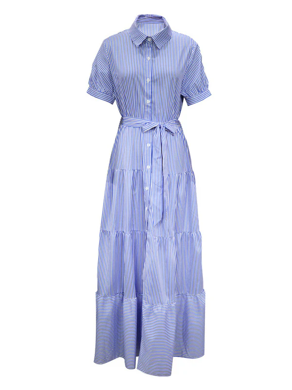 Loose Short Sleeves Striped Lapel Maxi Dresses - Image 6