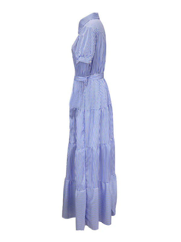 Loose Short Sleeves Striped Lapel Maxi Dresses - Image 7