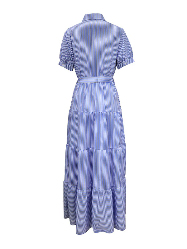 Loose Short Sleeves Striped Lapel Maxi Dresses - Image 8