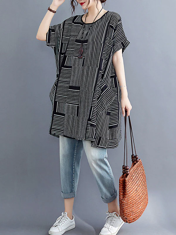 Loose Short Sleeves Striped Round-Neck T-Shirts - Image 10