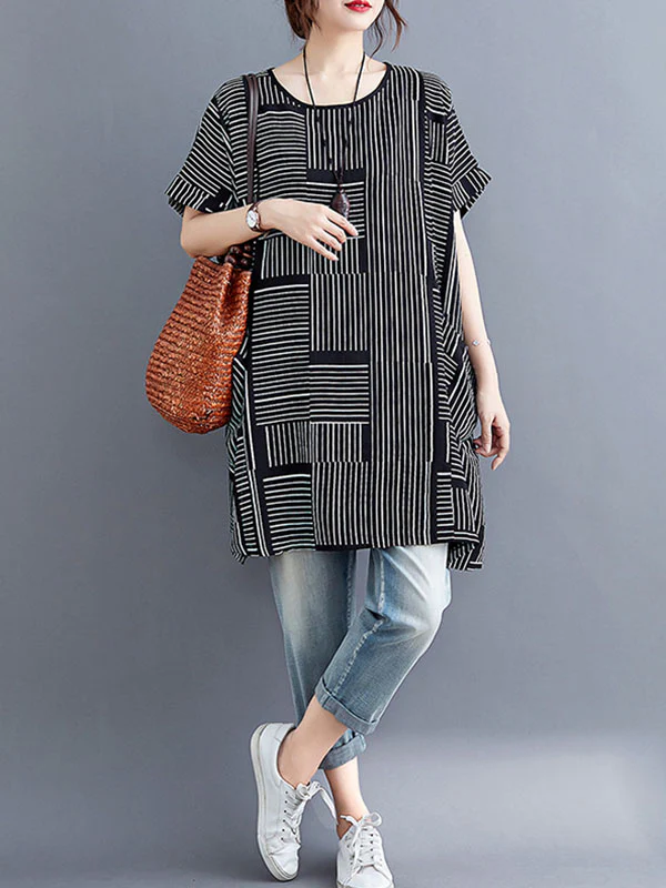 Loose Short Sleeves Striped Round-Neck T-Shirts - Image 11