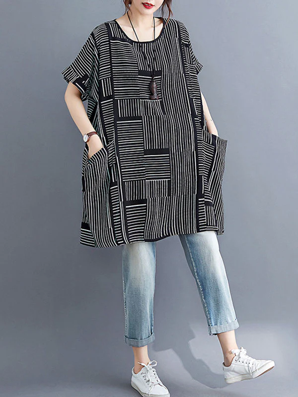 Loose Short Sleeves Striped Round-Neck T-Shirts - Image 12