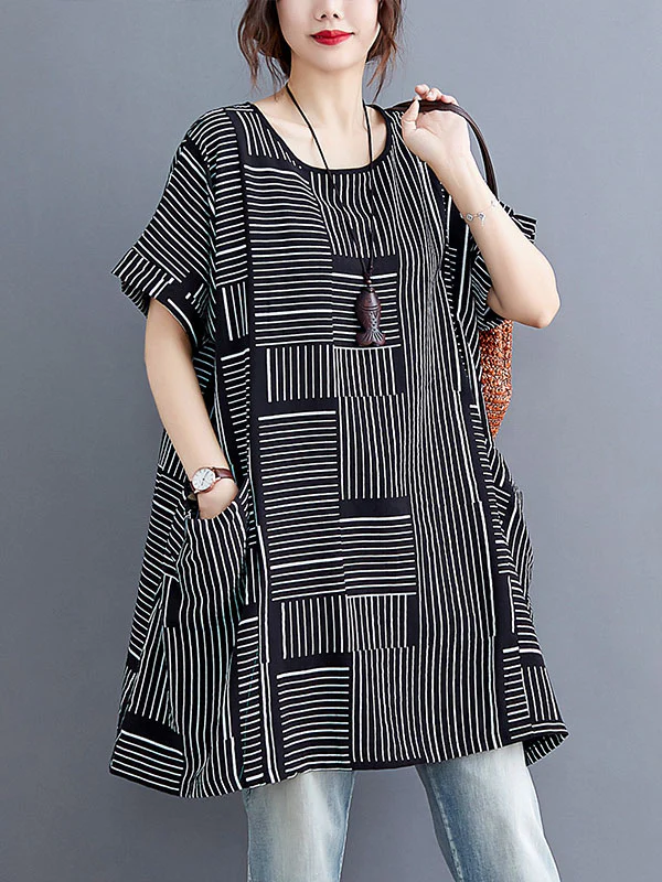 Loose Short Sleeves Striped Round-Neck T-Shirts - Image 2