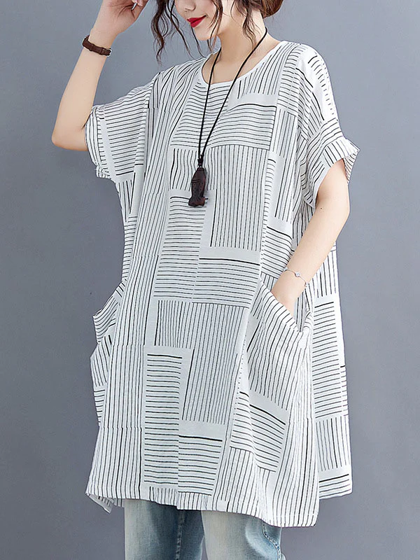 Loose Short Sleeves Striped Round-Neck T-Shirts - Image 5