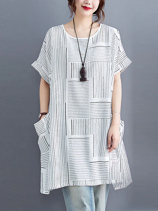 Loose Short Sleeves Striped Round-Neck T-Shirts - Image 6