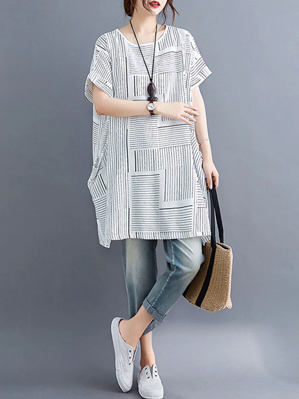 Loose Short Sleeves Striped Round-Neck T-Shirts - Image 7