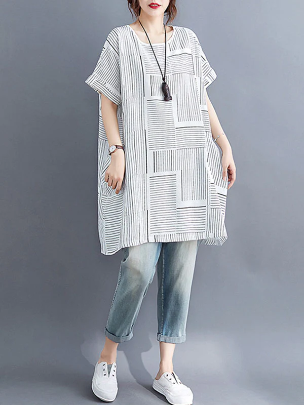Loose Short Sleeves Striped Round-Neck T-Shirts - Image 8