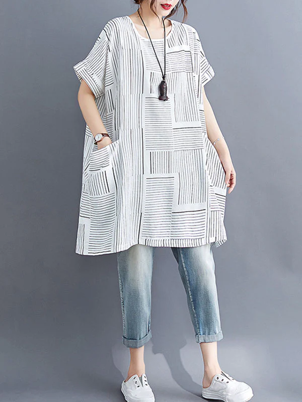 Loose Short Sleeves Striped Round-Neck T-Shirts - Image 9