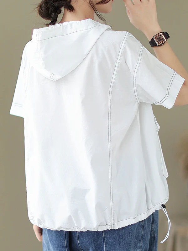 Loose Short Sleeves Zipper Hooded T-Shirts Tops - Image 10