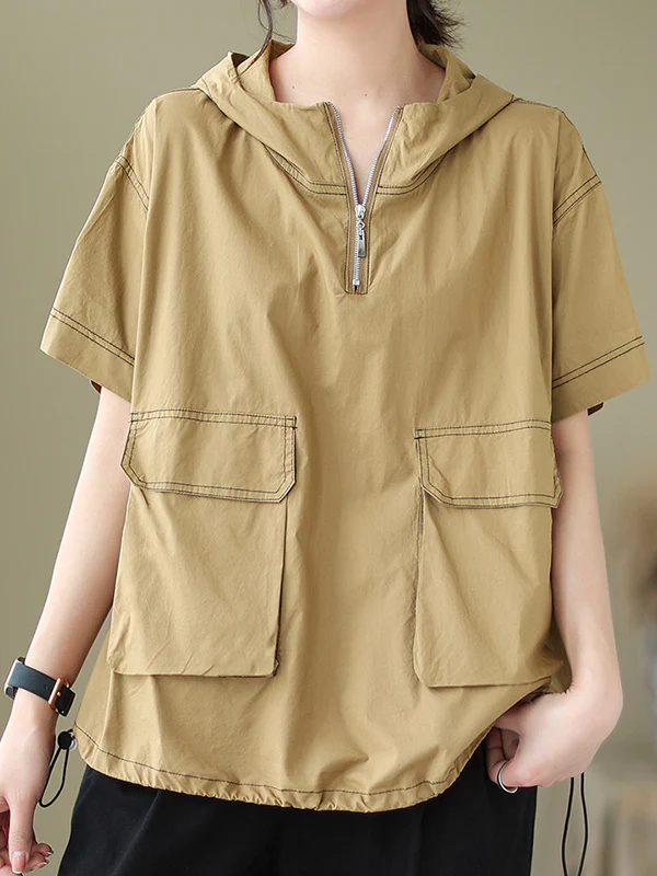Loose Short Sleeves Zipper Hooded T-Shirts Tops - Image 11