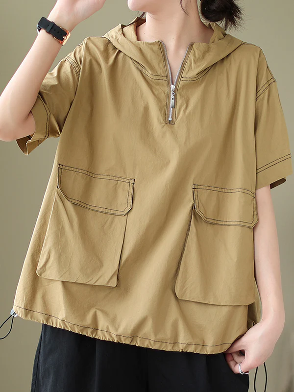 Loose Short Sleeves Zipper Hooded T-Shirts Tops - Image 12