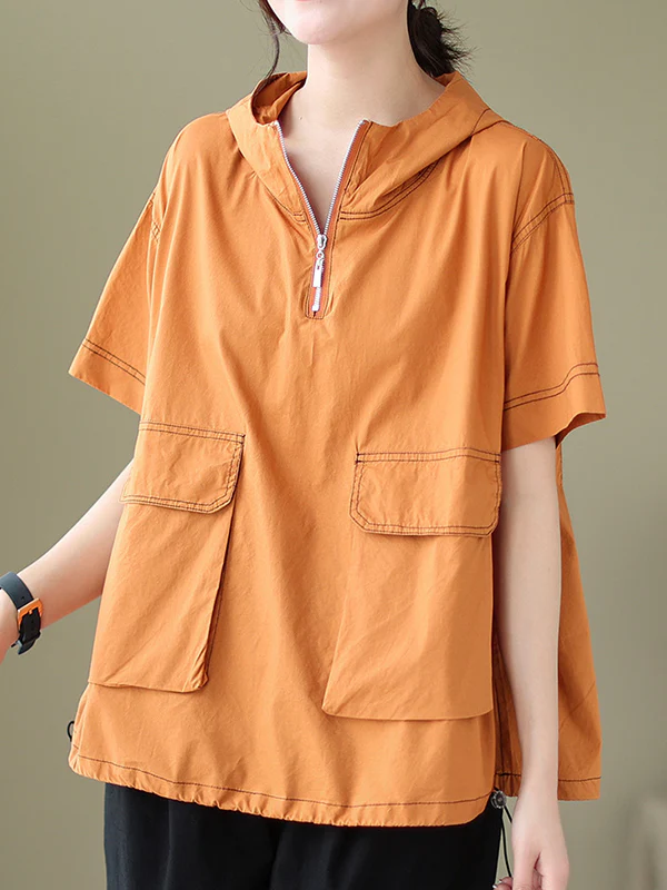 Loose Short Sleeves Zipper Hooded T-Shirts Tops - Image 13